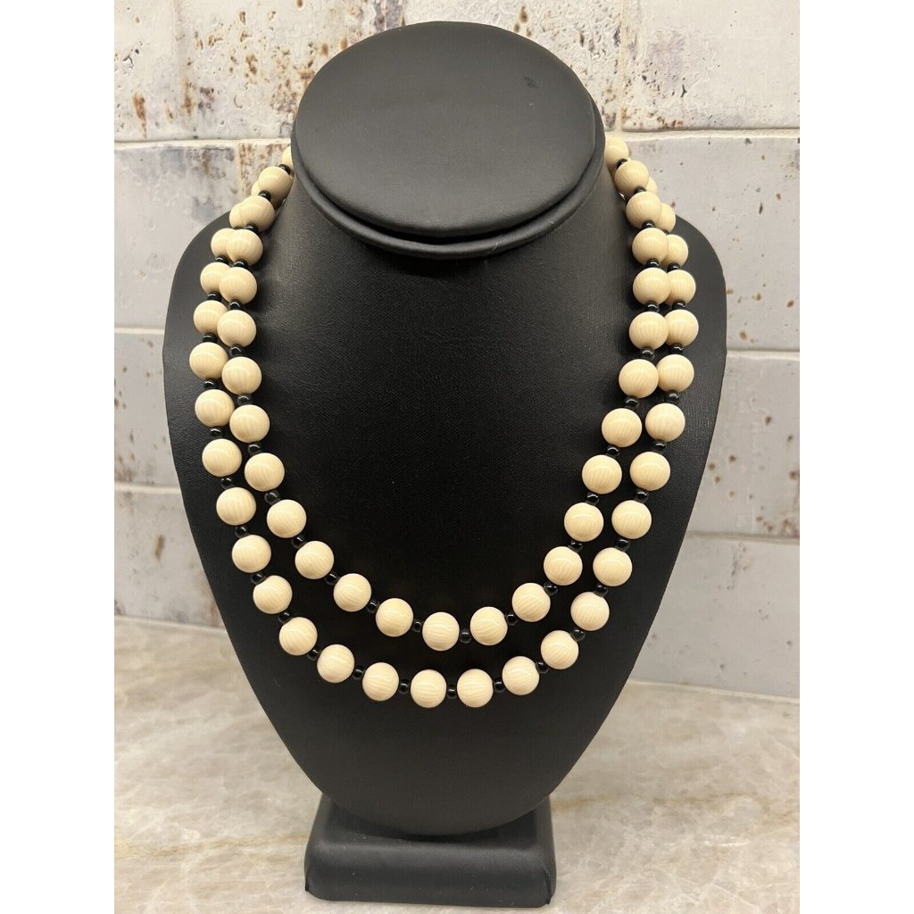 Vintage Signed Les Bernard Double Strand Beaded Choker Cream Black Goldtone 25$
